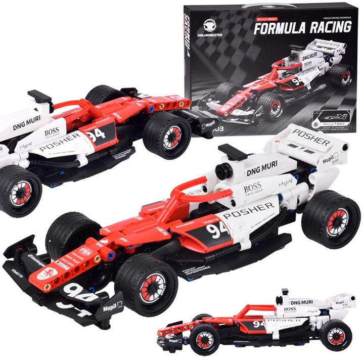 Set de constructie Bolid Formula 1, JOKOMISIADA, 276 elemente, alb-rosu, cu sistem pull-back