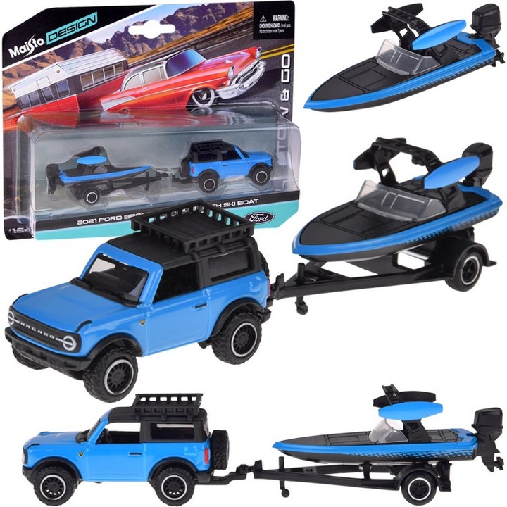 Fém autó szett 1:64, Ford Bronco 2021, utánfutó csónakkal, kék