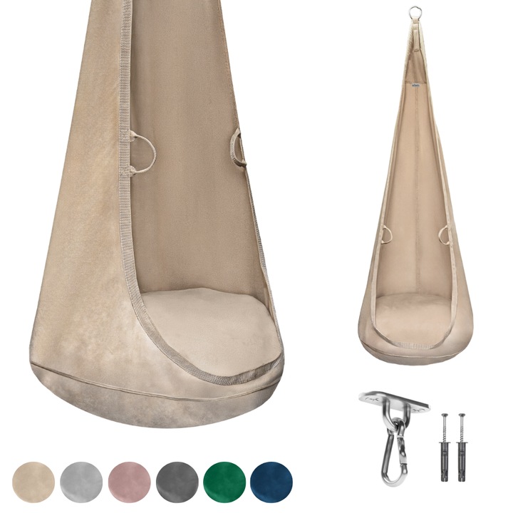 MAMOI függő fészek bársonyból párnával, 180x65cm, bézs, 70 kg teherbírás, beltéri és kültéri használatra