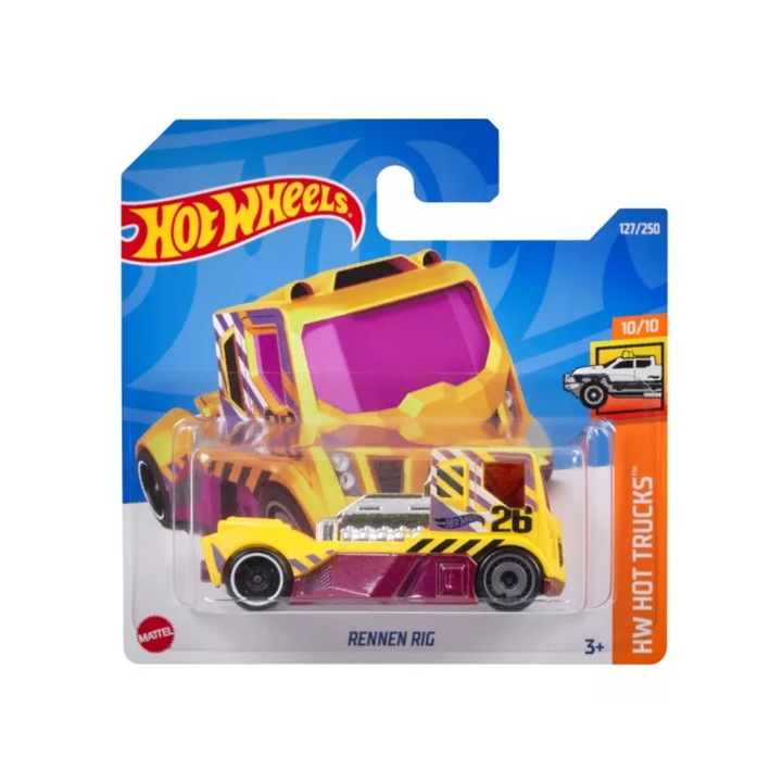 Masinuta Metalica Hot Wheels Rennen Rig, HW HOT Trucks, Galben, 1:64