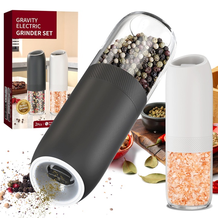 Mlin electric pentru sare si piper Promis MP37 DUO - set 2 bucati, ceramic, capacitate 130ml, iluminare LED