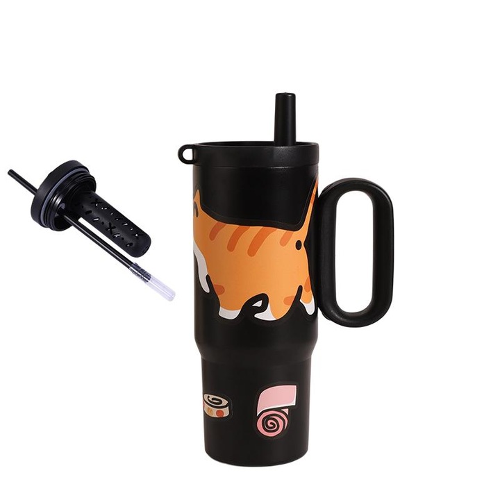 Cana termos 750ml negru model desen animat inox 316 cu pai retractabil si filtru ceai