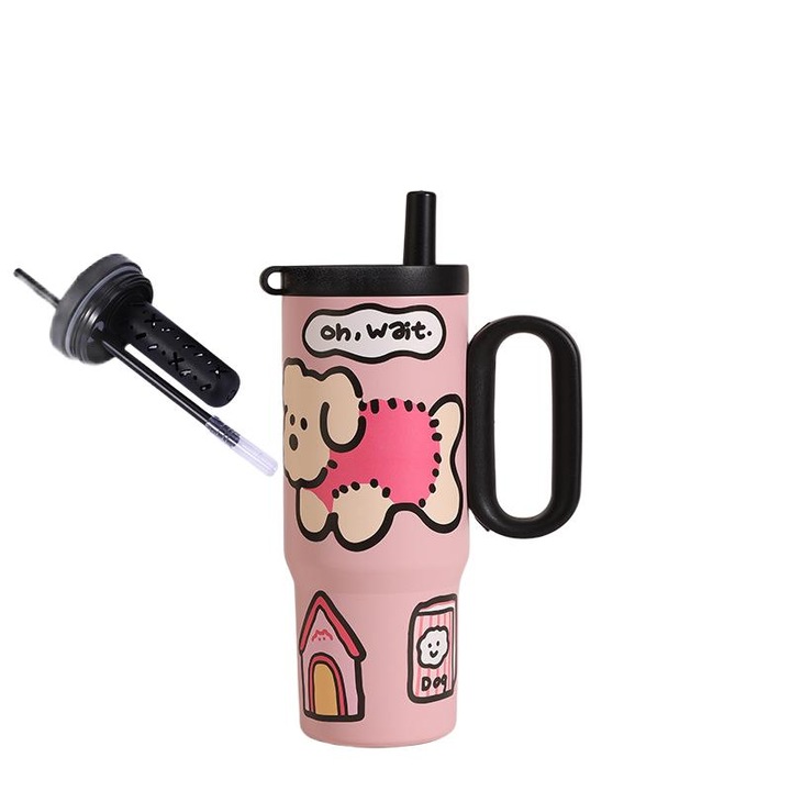 Termos cu capac si pai retractabil, 750ml, roz cu model de desene animate, din otel inoxidabil 316, izolatie termica, design ergonomic