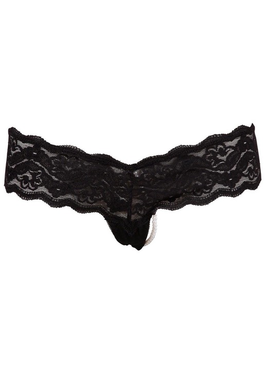 Cottelli Collection tanga bugyi, virágmintás csipke, gyöngyös zsinór, fekete, poliészter, M INTL