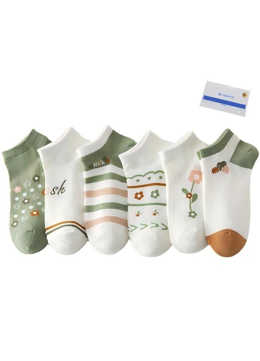 Set 6 perechi sosete dama, bumbac, modele florale si dungi, alb si verde, One Size