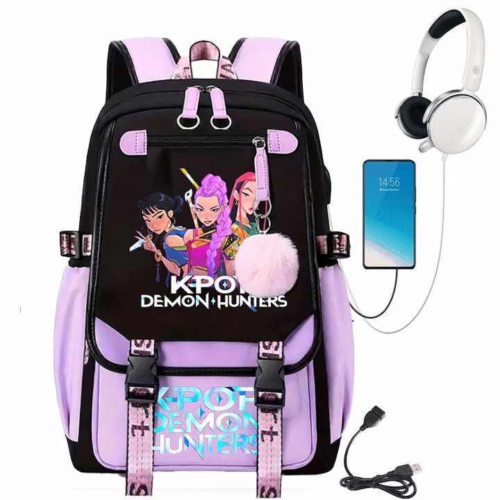 AjieQaQ Demon Hunters iskolatáska, ütésálló, vízálló, bőséges tárolóhely, vízálló, tartós, könnyű. Anyaga: poliészter és Oxford szövet, 41x27x14cm