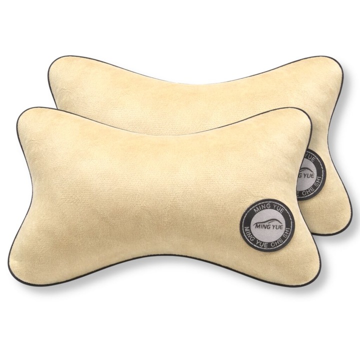 Set 2 perne auto cu prindere la tetiera, Cu fermoar, Material Moale, Usor de instalat si curatat, 27 cm x 16 cm, Crem