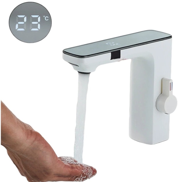 Baterie Chiuveta Baie BisDesign, Finisaj Alb Mat, Display Temperatura Apa, Dimensiune 14 cm