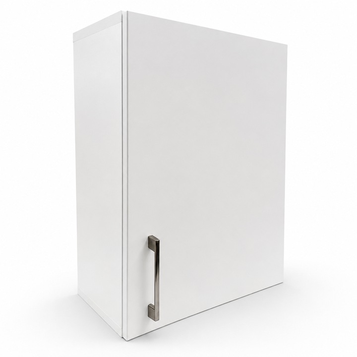 Dulap Baie Suspendat CMDesign, Direct asamblat, Realizat la comanda, Balamale usa cu soft close, inchidere lenta, 2 Rafturi Depozitare, H60xL45xA25 cm, PAL Alb 18mm, Maner metalic aluminiu