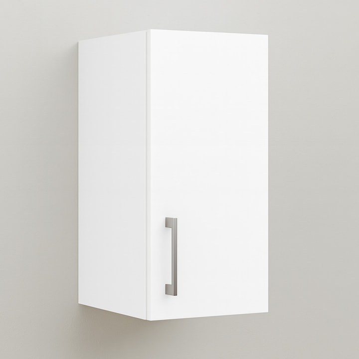 Dulap Baie Suspendat CMDesign, Direct asamblat, Realizat la comanda, Balamale usa cu soft close, inchidere lenta, 2 Rafturi Depozitare, H60xL45xA25 cm, PAL Alb 18mm, Maner metalic aluminiu