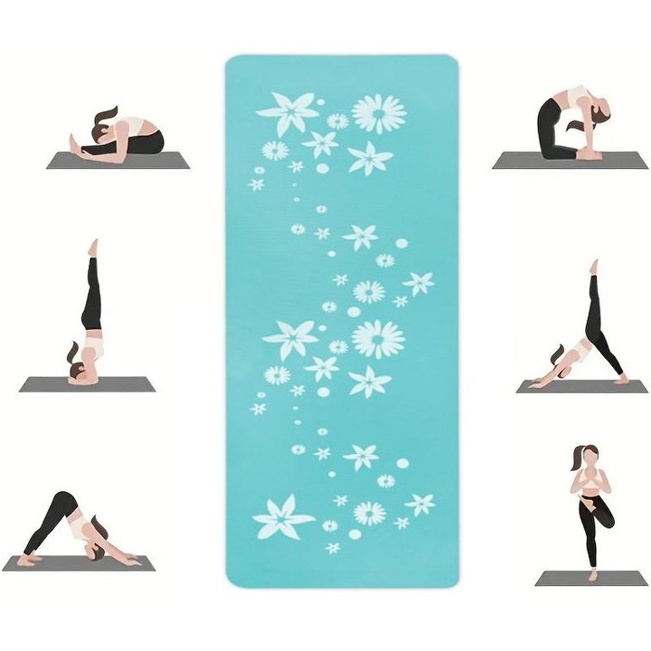 Saltea pentru antrenament, yoga, fitness, stretching, model floral, SyaMAG, turcoaz, 180x60x0.6 cm