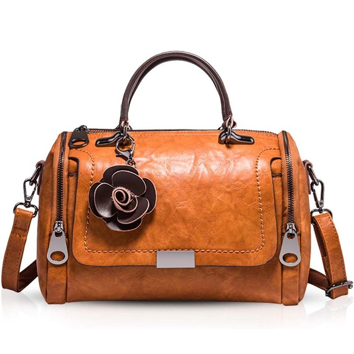 Geanta Crossbody dama, Geanta de mana cu imprimeu floral, maro