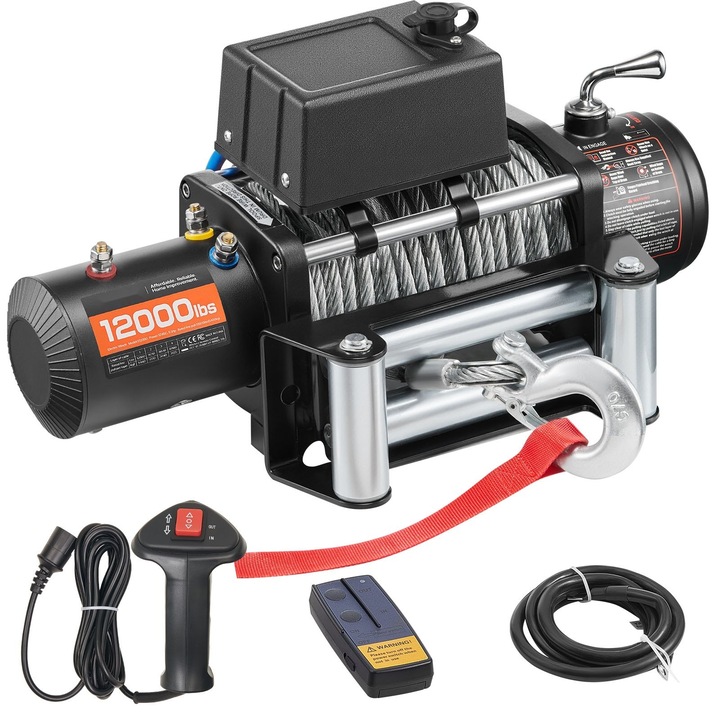 Troliu electric auto, 12V DC, Capacitate 5400 kg, Cablu de otel 9, 1 mm x 26 m, Telecomanda fara fir si cu fir, Compatibil SUV, camioane, remorci si barci, Pentru tractare off-road