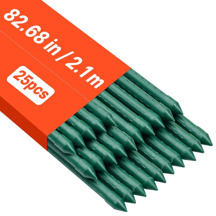 Tarusi de gradina (araci) pentru sustinerea plantelor, Set 25 bucati, 210 cm, Metal acoperit cu plastic, Capat ascutit, Proeminente antiderapante, Pentru rosii si plante cataratoare
