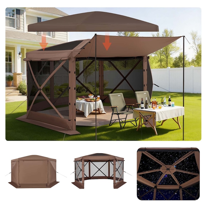 Pavilion pliabil cu plasa antiinsecte, Cort hexagonal 3, 6 x 3, 6 m, Montaj rapid, Acoperis detasabil, Geanta de transport, Protectie UV, Capacitate 8–10 persoane, Maro