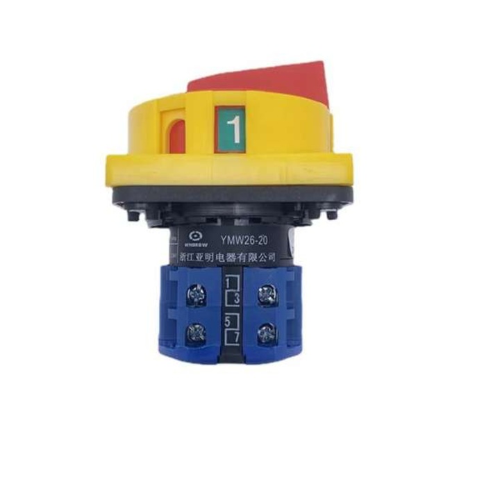 Intrerupator principal, AZ, 20A, tensiune maxima 690V AC, clasa de protectie IP65, tip de montare pe panou, maner ergonomic galben si rosu, inlocuitor pentru ascensoarele Twin Busch, durabilitate