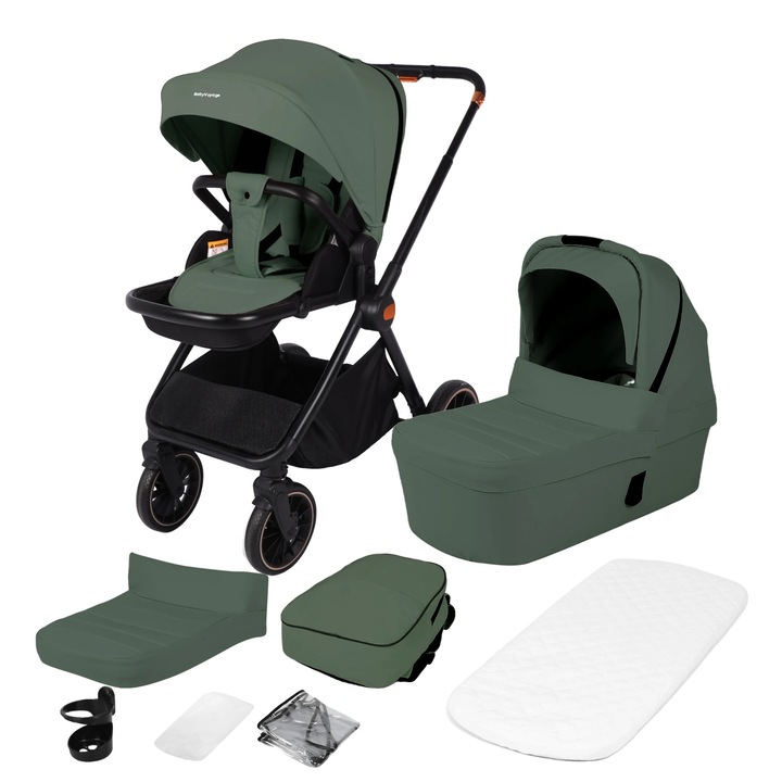 Детска количка, лек дизайн, усъвършенствана система за окачване, зелена, 78x63x35см