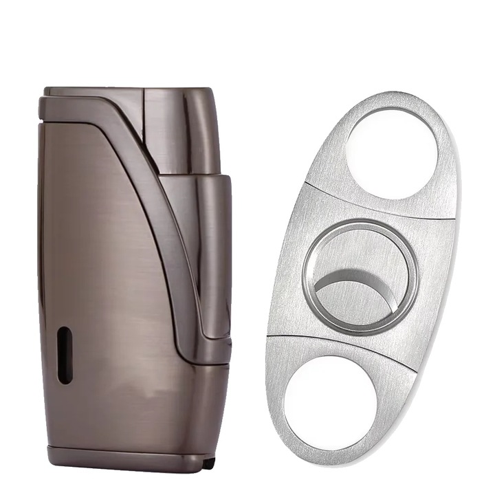 Bricheta pentru tigari cu gaz butan, cu taietor metalic, design portabil, neagra