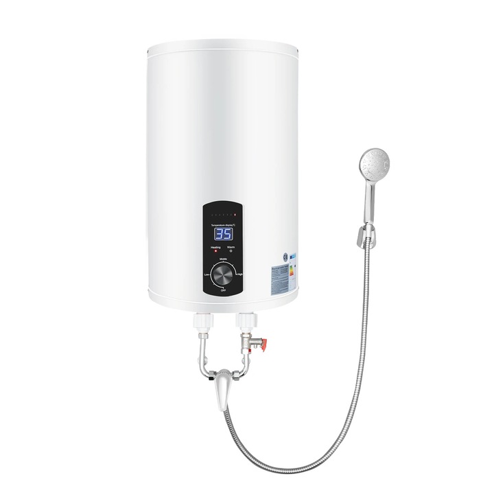 Elektromos vízmelegítő, 30 L, 2000 W gyorsfűtés, Digitális kijelző, Zuhany és csaptelep, Függőleges szerelés, 220 V, IPX4, Bézs