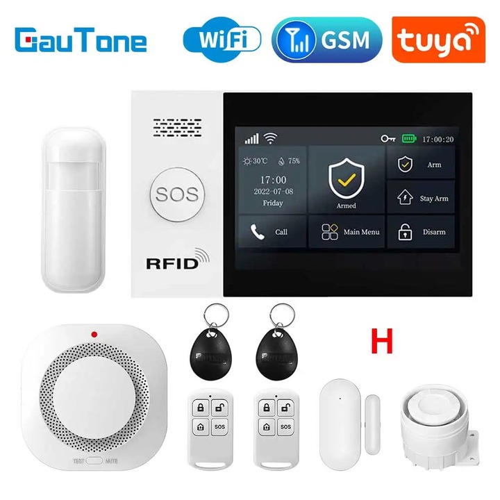 Sistem de alarma de securitate, control prin aplicatie, comunicare GSM, dimensiuni 16x9.8x1.9cm, alimentare DC 5V/1A, tip HEU Plug