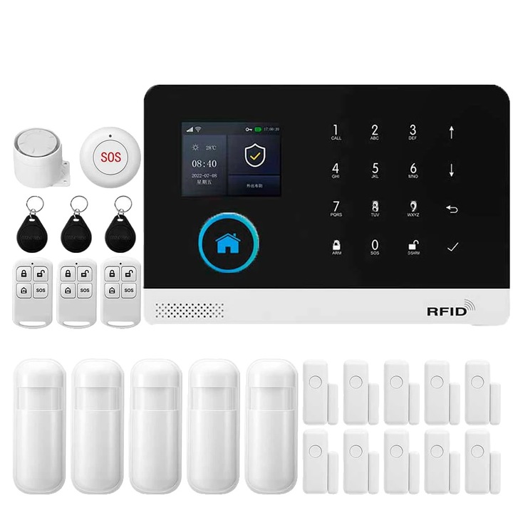 Sistem de alarma pentru securitate, control WiFi, compatibil cu asistenti vocali, 99 zone, dimensiuni 185x125x14.7mm, tip mufa EU