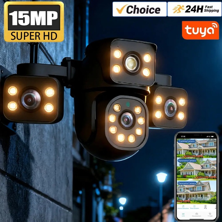 Cameră de supraveghere, 15 MP, 8K WIFI, tri-lens, rezistentă la intemperii, alimentare EU, IP66, negru