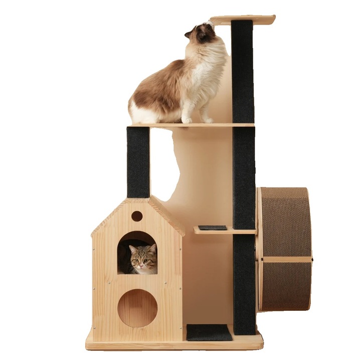 Ansamblu de joaca pentru pisici, design din lemn masiv, 2 niveluri, natural, 5ft