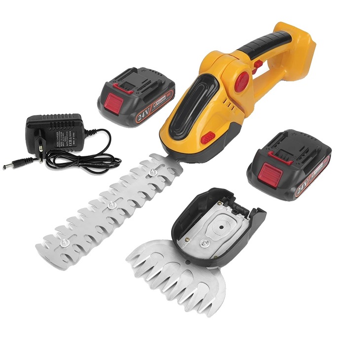 Foarfeca de gard viu fara fir, baterie 24V, design 2-in-1, 2 baterii galben