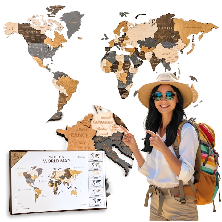 Harta Lumii din Lemn 3D Bej Maro 60x105 cm cu Orase – Decor de Perete, Puzzle Lemn cu Montaj Usor – Cadou Ideal pentru Calatori
