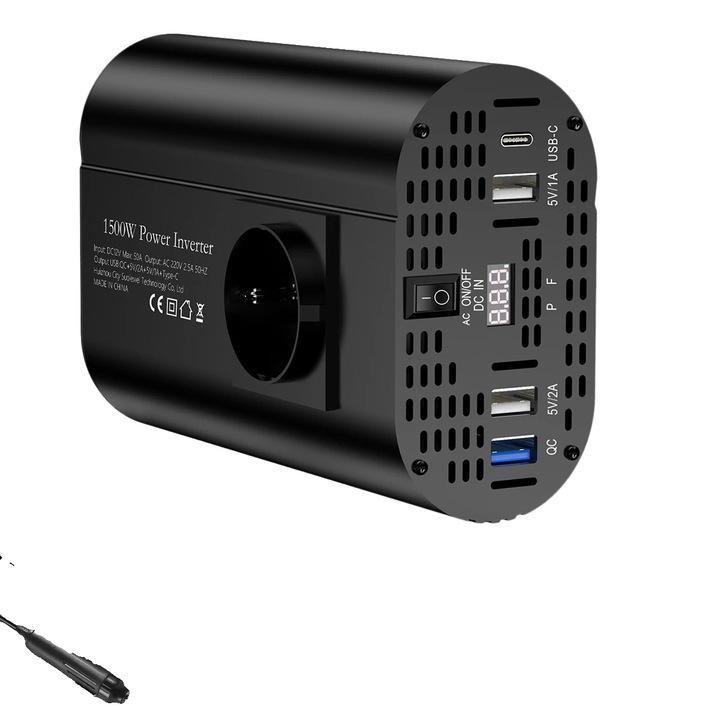 Inverter auto 12V 1500W, compatibilitate versatila, design compact, protectie durabila