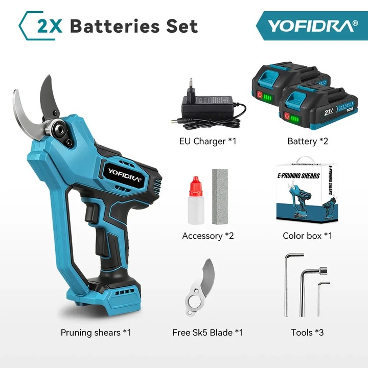 Foarfeca electrica, Yofidra motor fara perii, sistem cu doua viteze, 2 baterii, 21V, taiere maxima 45mm