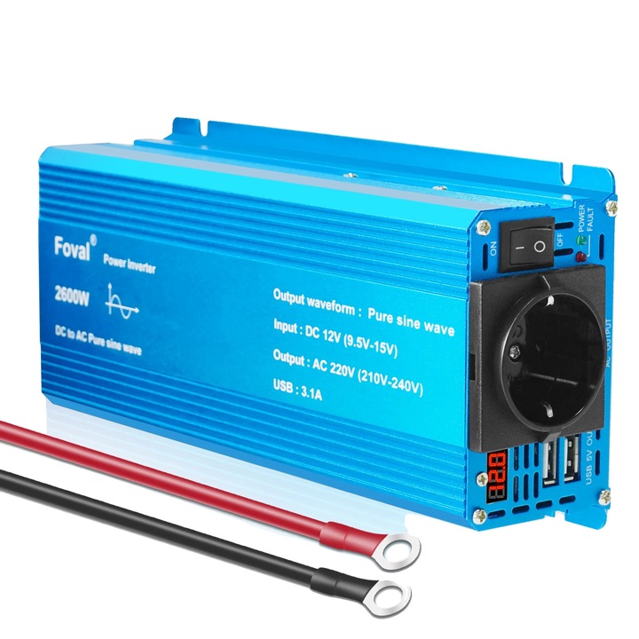 Inverter auto, 2600W putere de varf, unda sinusoidala pura, eficienta ridicata, 12V-220V