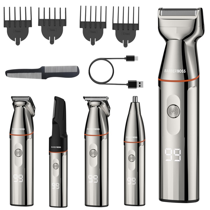 Kit De Tuns Fără Fir BARBERBOSS 5 În 1, Aparat De Ras, Aparat De Tuns Nas, Reîncărcare USB-C, Lame Din Inox