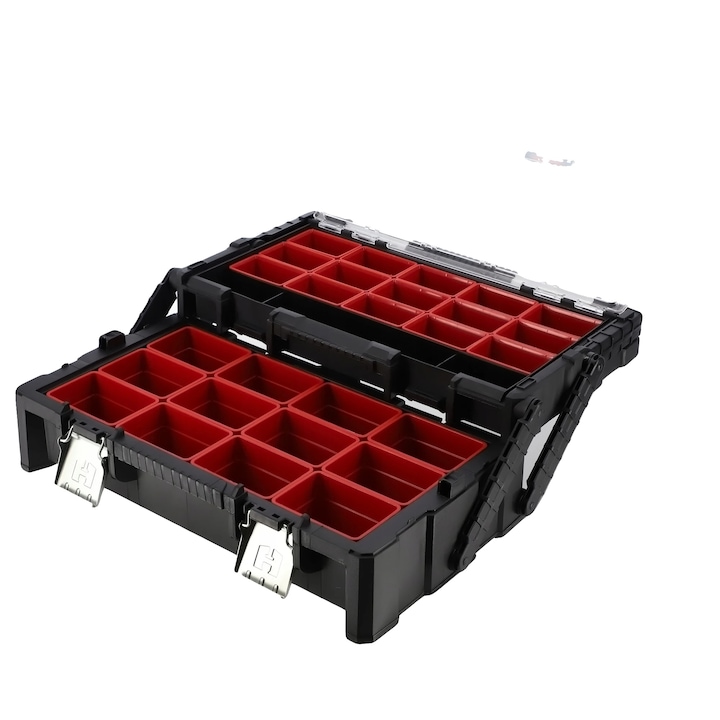 Szerszámosláda, 21x12x10 hüvelyk, 20 állítható rekesz, 50 font teherbírás, fekete átlátszó fedéllel