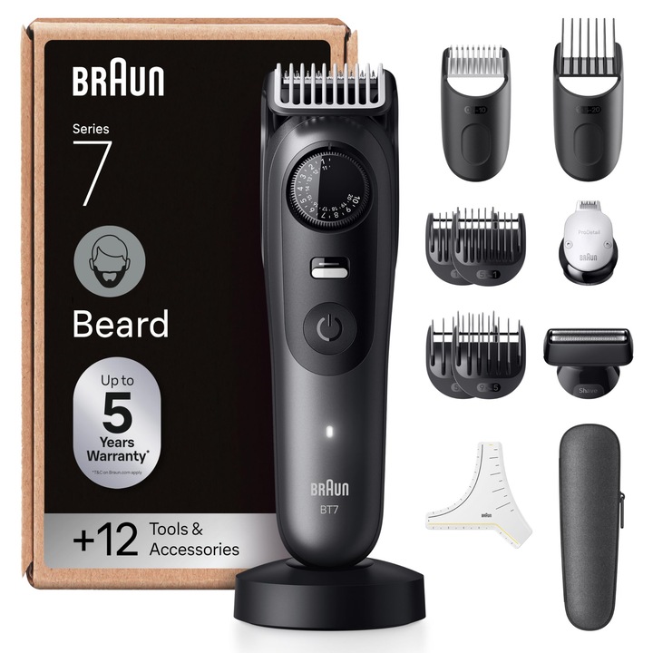 Trimmer pentru barba Braun Seria 7, aparat de tuns barba electric pentru barbati cu 12 accesorii, lama ultra-ascutita pe viata, 120 min. Baterie, aparat de ras pentru barba fara fir, 40 de lungimi, rezistent la apa, BT7545, gri