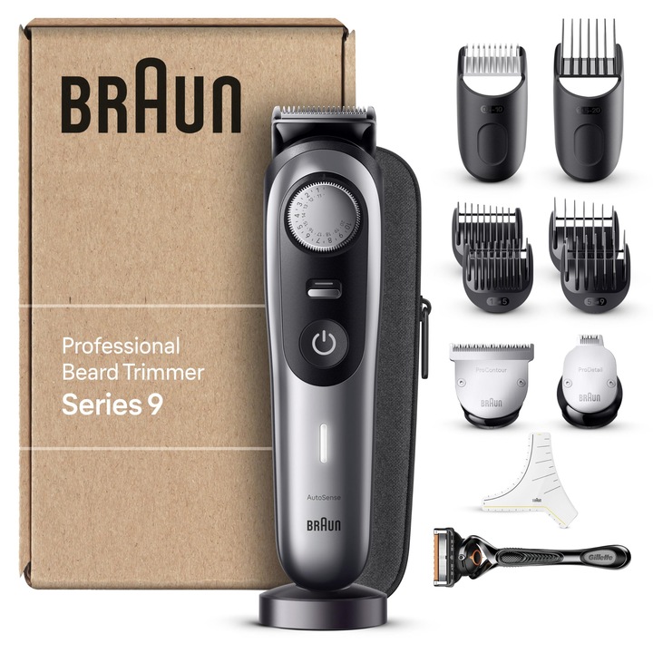 Masina de tuns barba electrica Braun BT9440, 11 unelte, rezistent la apa, crom, 180 min autonomie