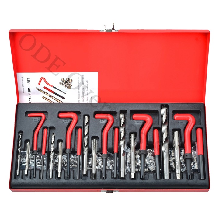 Set de unelte pentru repararea filetelor, 131 piese, compatibilitate M5-M12, carcasa metalica rezistenta, 30x28x8cm