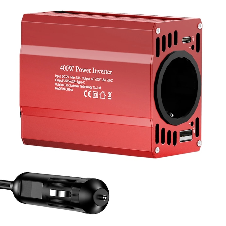 Inverter auto 400W, rosu, design compact, eficienta 90%