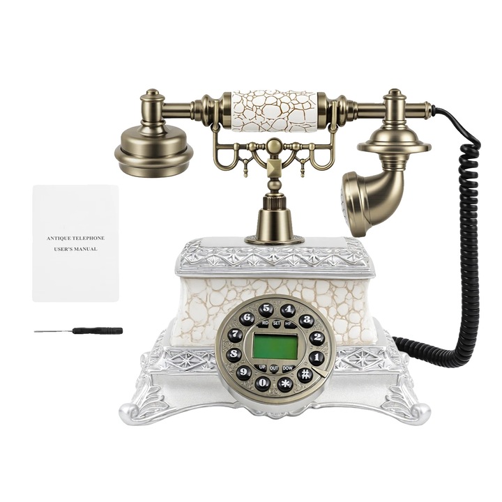 Telefon vintage cu buton de apel, alb, 24x16.5x27cm