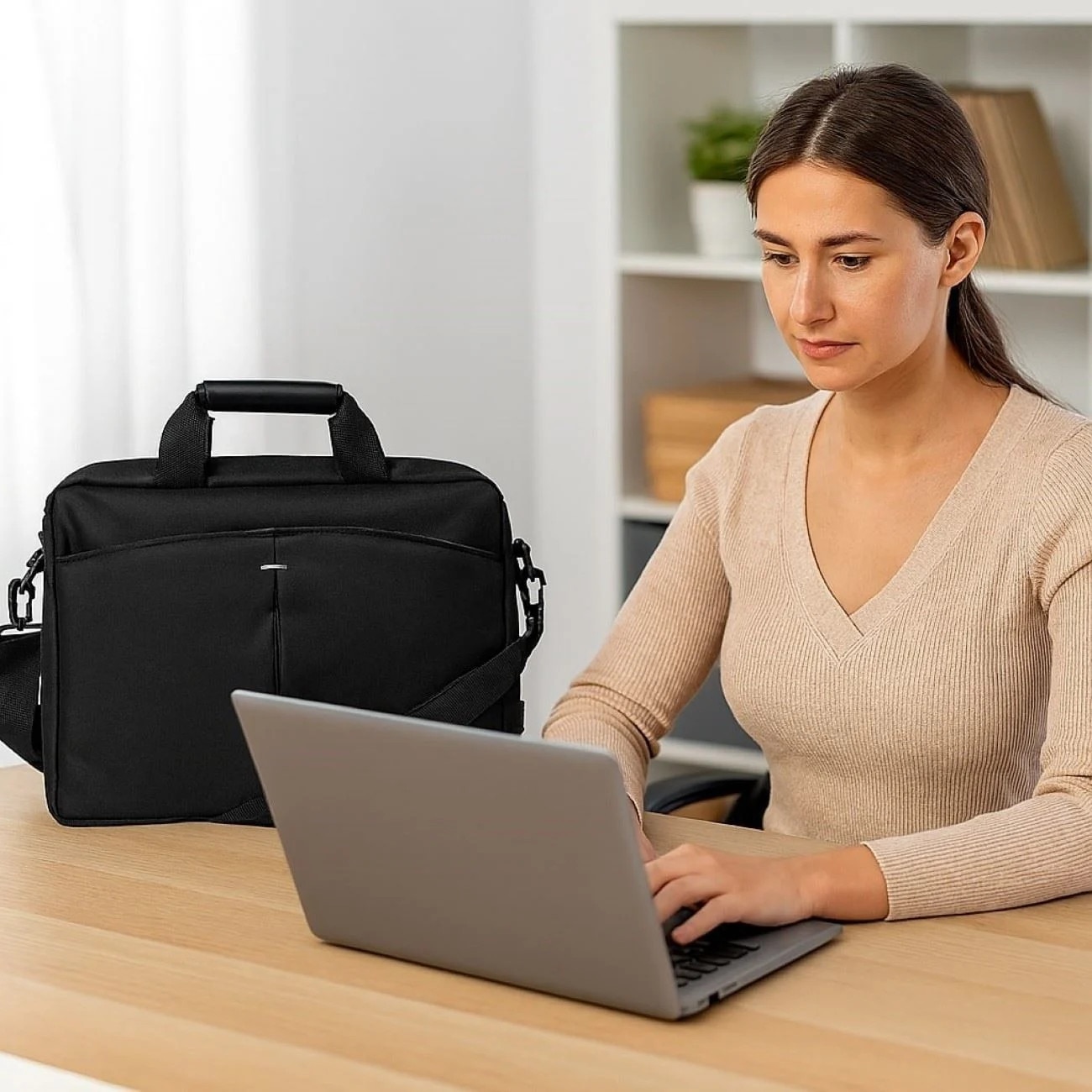 Geantă laptop 15.6", neagră, spațiu mare, buzunar exterior