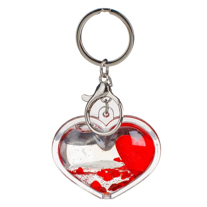 Breloc Inimă Transparentă cu Glitter și Confetti Roșu, 6x5cm