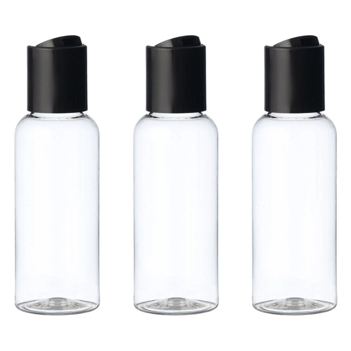 Set 3 Sticle Voiaj 50 ml, Transparente cu Capac Negru (Filet), Travel Size