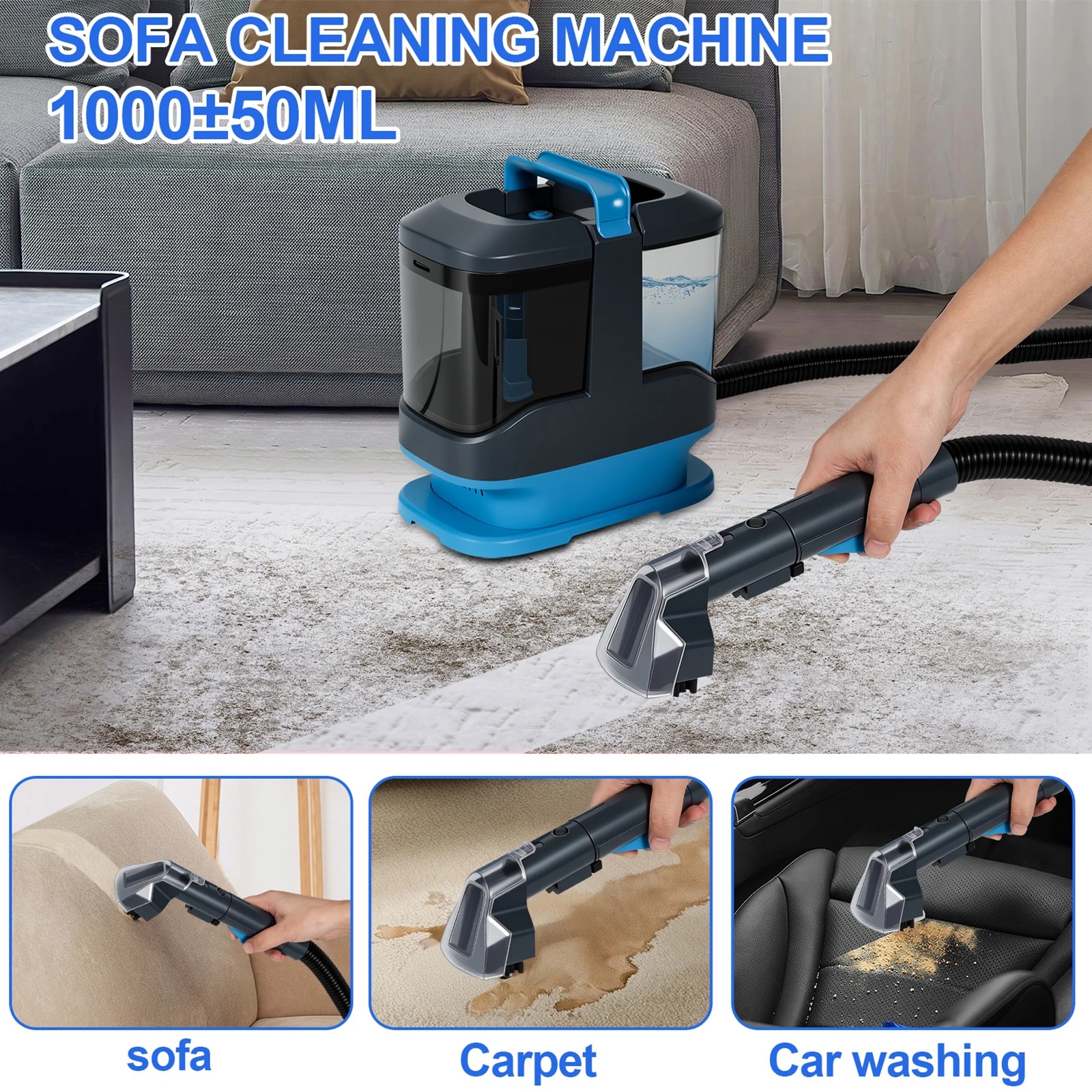 Aspirator portabil pentru covoare, functie umeda si uscata, putere de aspiratie mare, albastru/negru