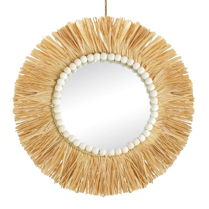Kerek Dekoratív Fali Tükör Raffia Szálakkal Körben & Fa Gyöngyökkel 40cm