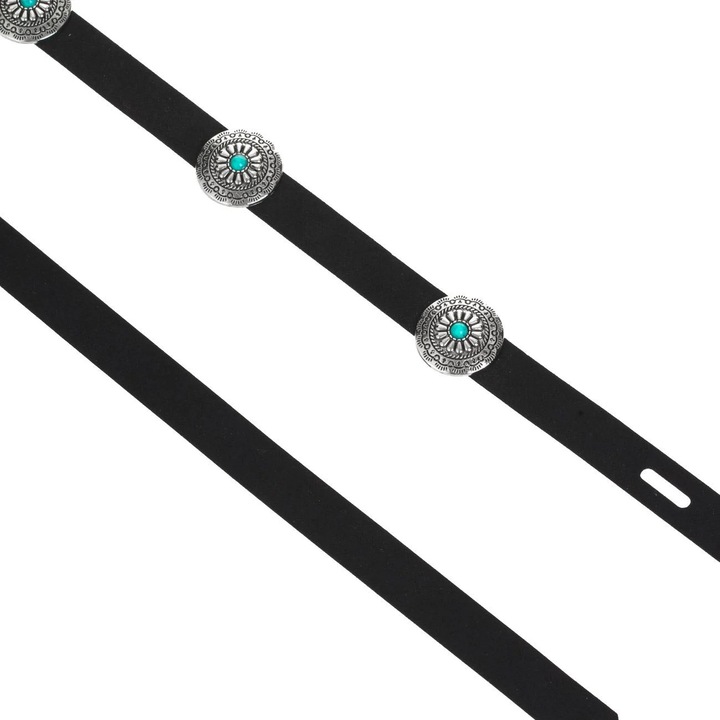 Fekete Öv Ezüst Korongokkal és Türkiz Kövekkel Nőknek 115cm