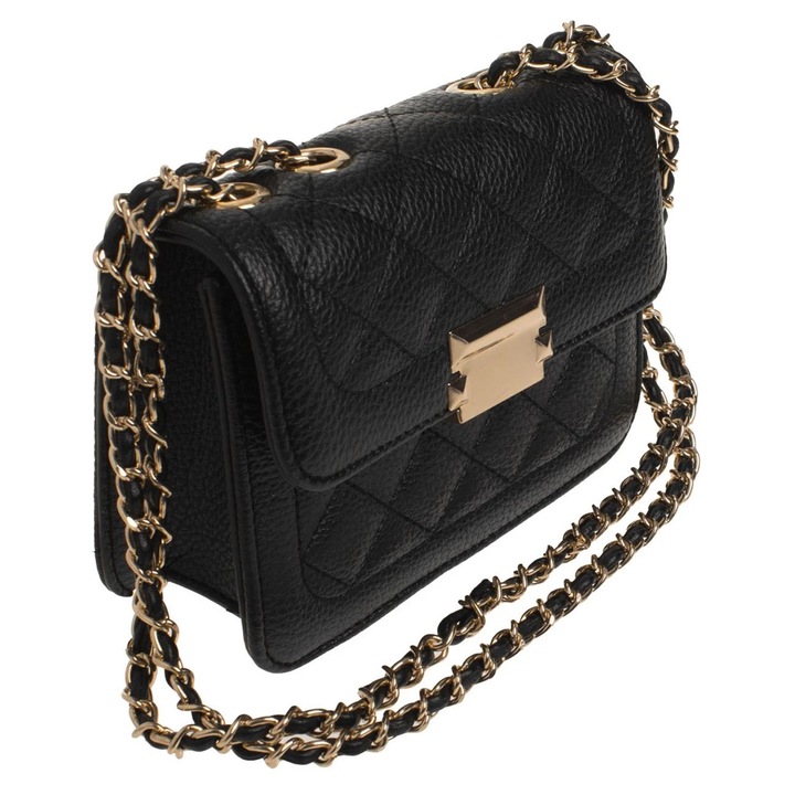 Fekete Crossbody Táska Rombozatos Mintával és Arany Színű Lánccal 17x6x13cm