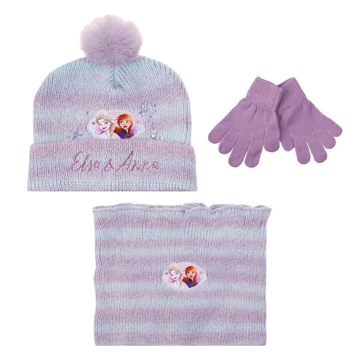 Set Caciula Lila Verde Menta cu Model Frozen Pompon Paiete Fular Circular & Manusi pentru Copii 4-5 Ani - 3 piese