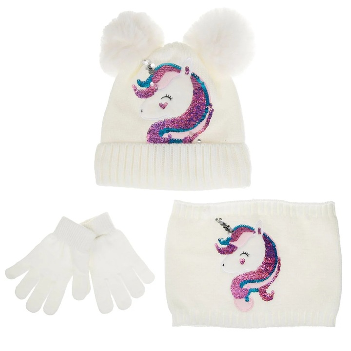 Set Caciula Ecru cu Unicorn Pompon Fular Circular & Manusi pentru Copii 6 Ani - 3 piese