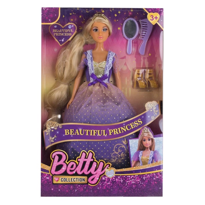 Papusa Printesa cu Rochie Lila, Pantofi Eleganti si Par Foarte Lung, 34 cm