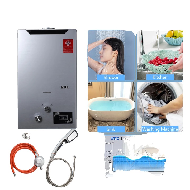 Incalzitor instant de apa, 20L, din otel inoxidabil, compatibil cu butelii de gaz de 5-33 kg, utilizare in aer liber